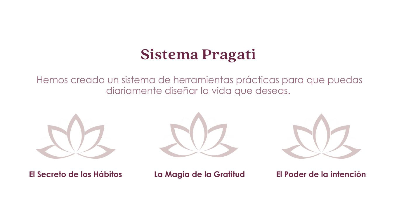 Sistema pragati.
Hemos creado un sistema de herramientas prácticas para que puedas diariamente diseñar la vida que deseas.